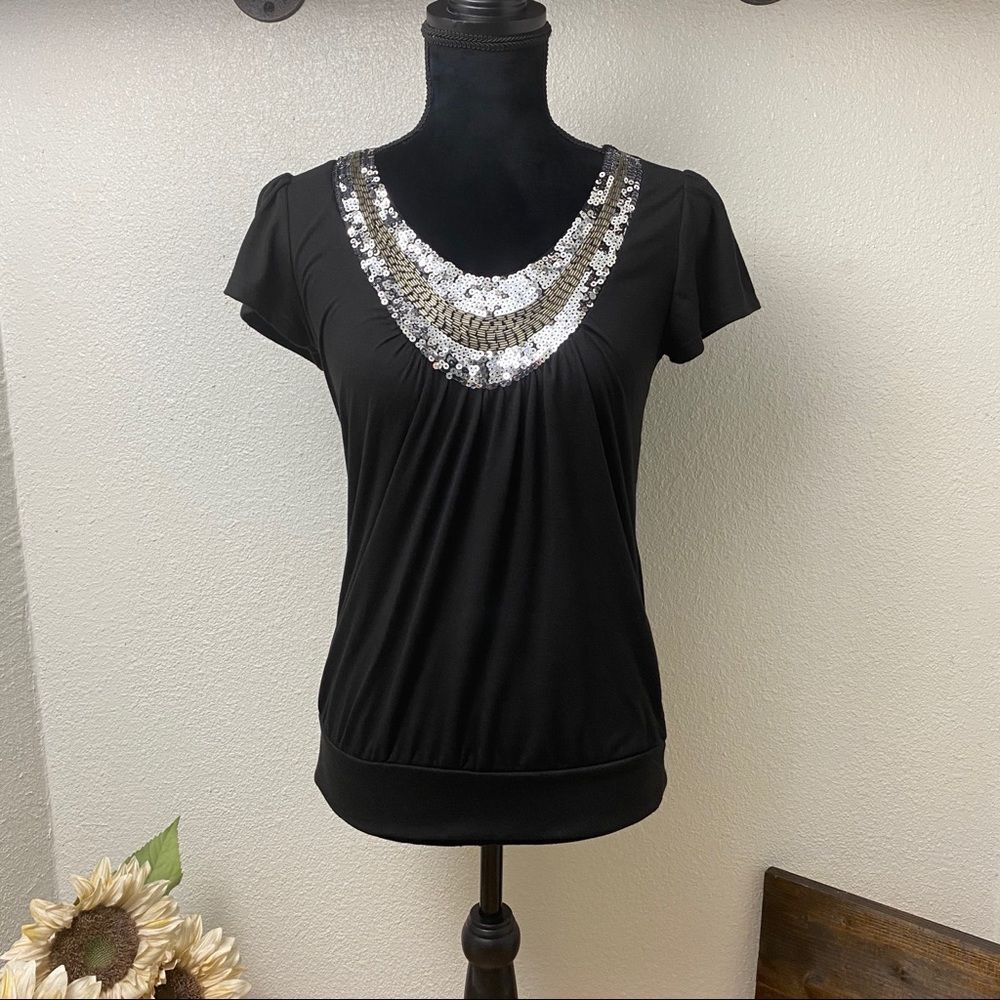 Silver Sequin Black Short Sleeve Top